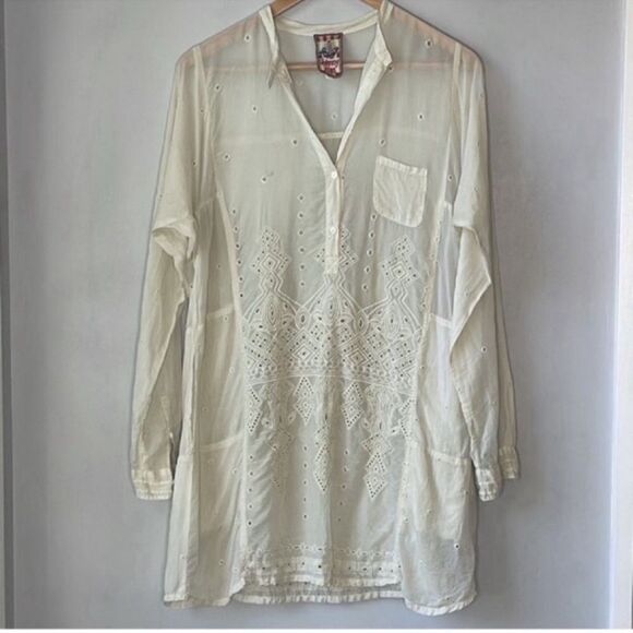 JOHNNY WAS Embroidered Blouse Tunic Cupra Rayon Pocket Long Cream - Picture 4 of 10